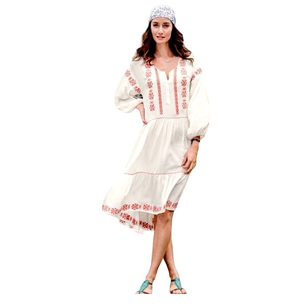Sundance Cream Red Embroidered Boho Midi High Lo Summer Flowy Peasant Dress sz S